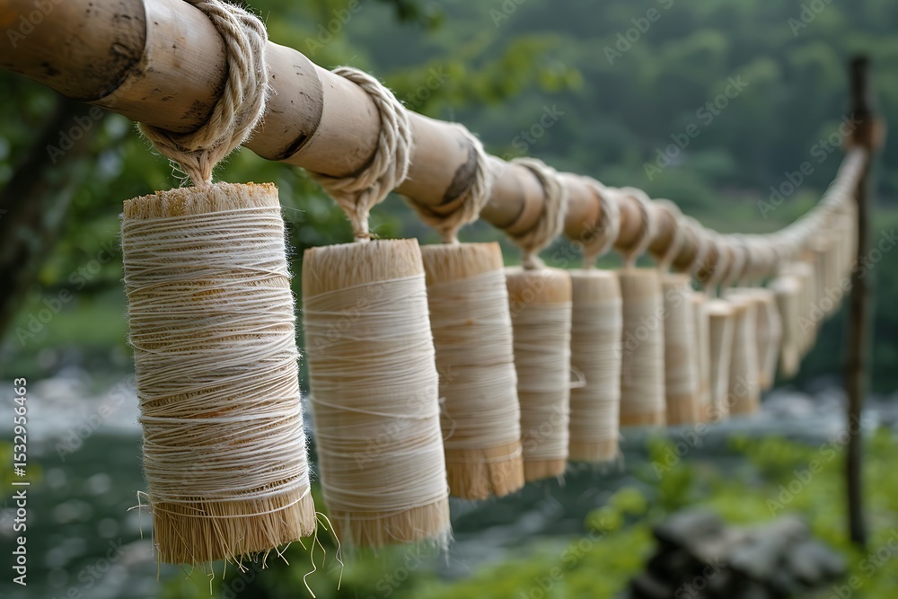 Fototapeta premium Cotton yarn spools drying on rope high resolution picture