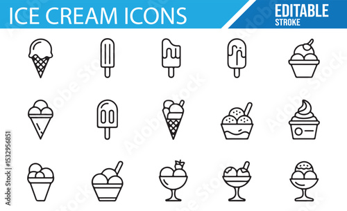 Collection of editable ice cream icons for websites, apps, and menus.