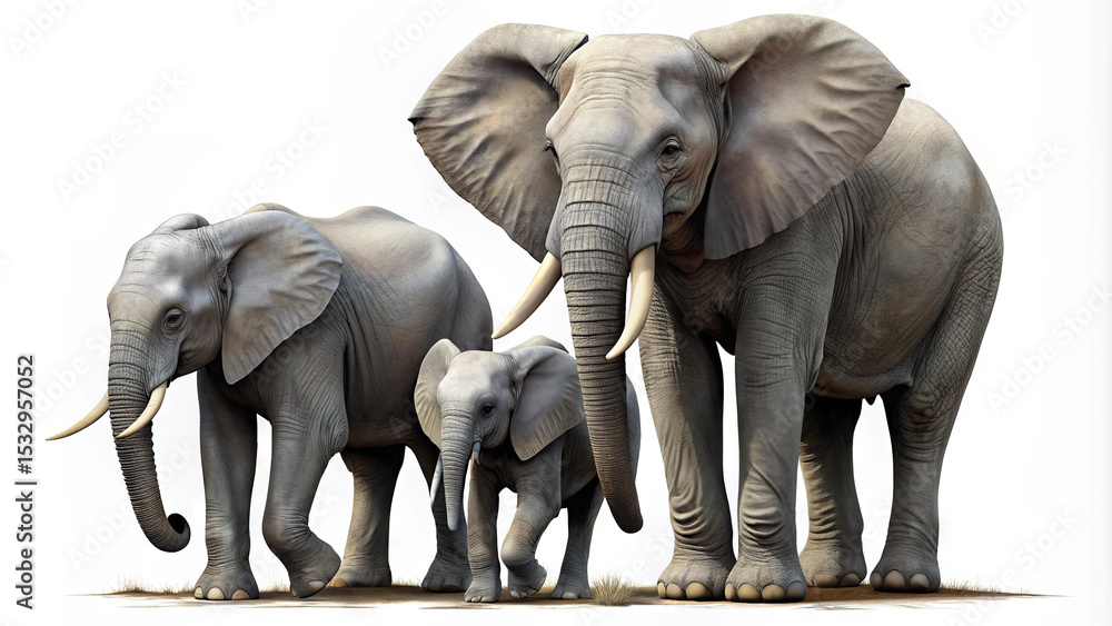 Fototapeta premium A group of elephants moves gracefully in their natural habitat under bright sunlight. The family includes a large adult and two younger elephants, showcasing their gentle nature