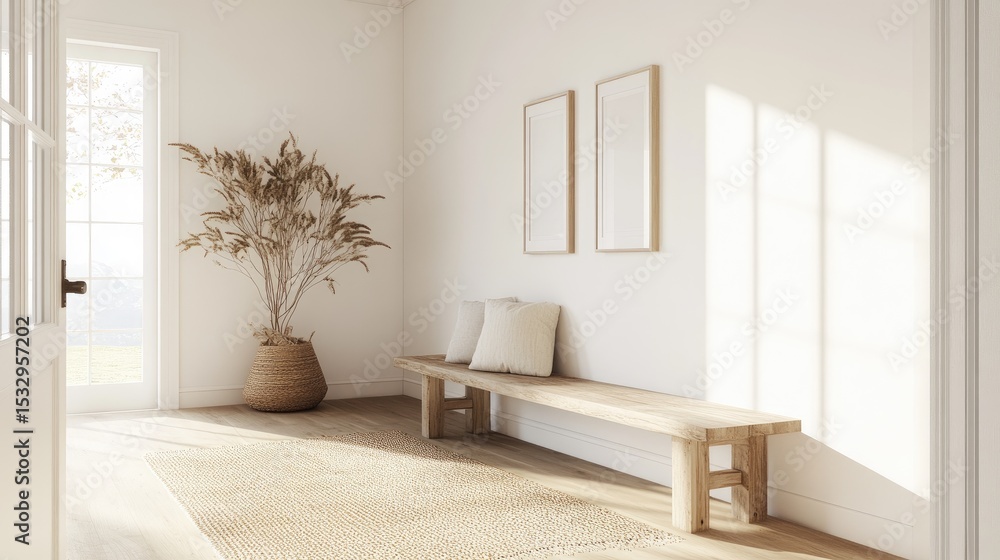 Fototapeta premium Serene Modern Interior with Natural Light, Minimalist Decor, and Simple Wooden Bench in Cozy Space