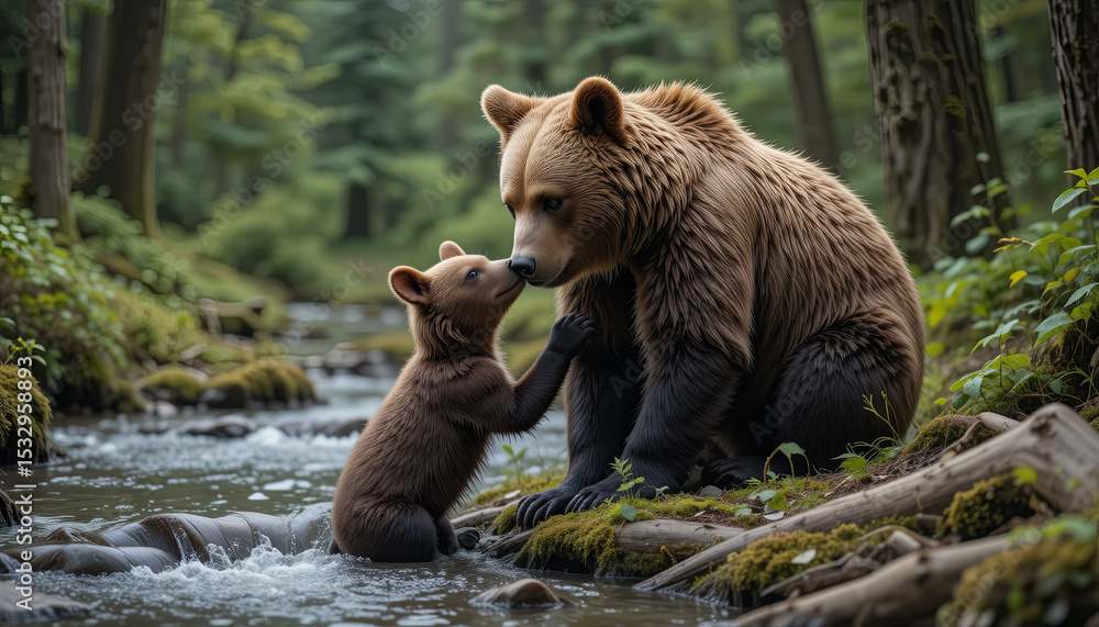 Obraz premium A young brown bear approaches its parent in a tranquil forest setting, gently nuzzling while surrounded by greenery and flowing water, creating a peaceful, natural atmosphere