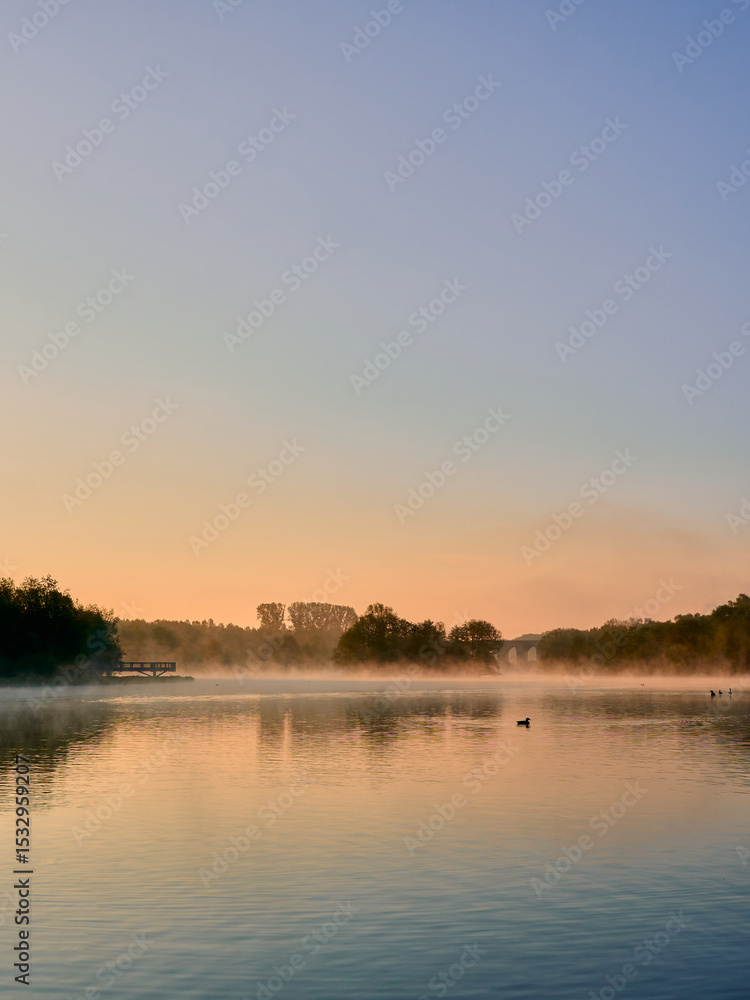 Fototapeta premium Vertical shot of a landscape with lake and reflection of trees during sunset