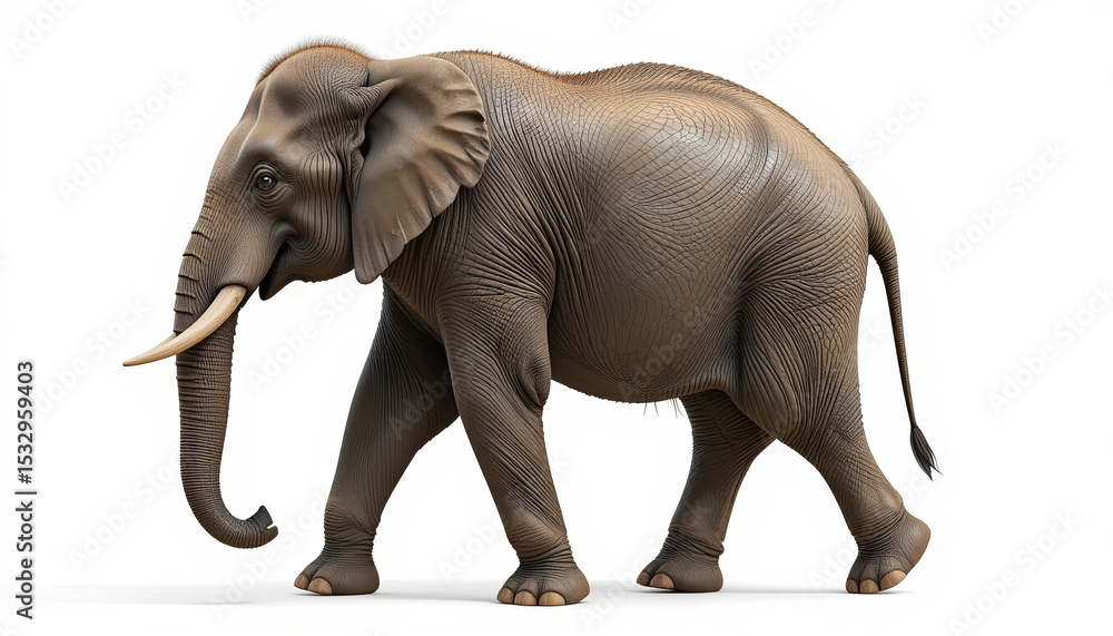 Fototapeta premium An adult elephant is walking through a natural setting under bright sunlight. Its trunk hangs low as it strides with a steady pace, showcasing its majestic size