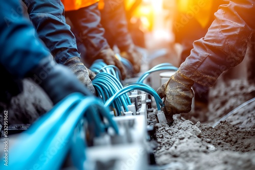 Crew installing underground fiber optic cables in a trench with machinery and manual labor