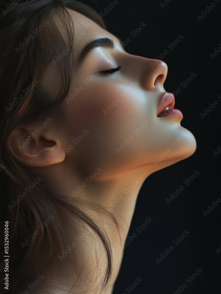 Fototapeta premium Beautiful woman looking up in profile with eyes closed on dark background
