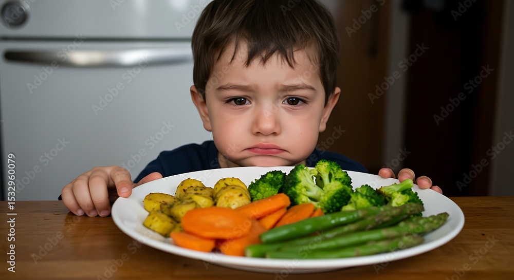 Toddler's Unhappy Expression Over Healthy Meal Picky Eating and Nutrition Toddler's Unhappy Expression Over Healthy Meal Picky Eating and Nutrition