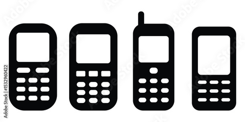 Old mobile phone icon set in black silhouettes with keypad styles representing vintage communication devices