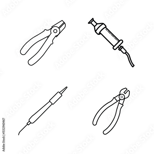 Engineering line art tool set of wire stripper, crimping tool, soldering iron and pump vector illustration.