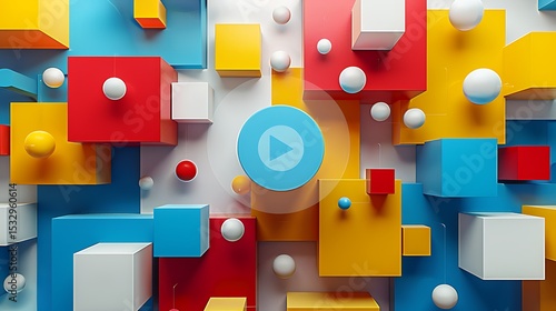 Corporate rebranding project visualized with 3D geometric shapes and play button in a dynamic colorful environment