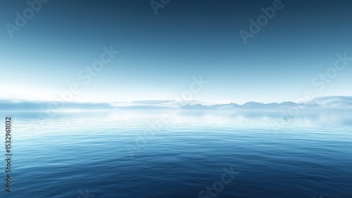 Embrace of Calm: Ocean Stillness Under a Blue Sky with Misty Mountains on the Horizon
