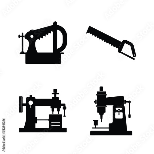 Engineering silhouette tool set of hacksaw, bandsaw, milling and lathe machines vector illustration.