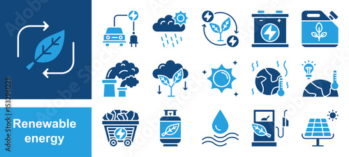 Renewable energy icon set with sunlight, wind, water, fossil fuel, oil, gas, coal, air pollution, solar and panel.