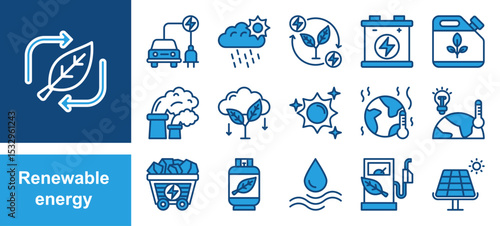 Renewable energy icon set with sunlight, wind, water, fossil fuel, oil, gas, coal, air pollution, solar and panel.