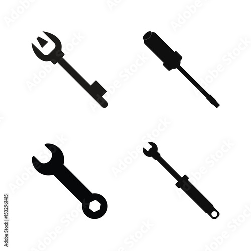 Engineering silhouette tools torque wrench, spanner, allen key and screwdriver set vector illustration.