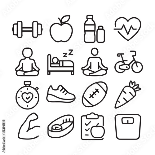 Wallpaper Mural Vector Icon Set for a Healthy Lifestyle | Modifiable Line Weight | Icons for fitness, diet, exercise, wellness, sleep, yoga, meditation, heart rate, gym, cycling, sports, and health monitoring
 Torontodigital.ca
