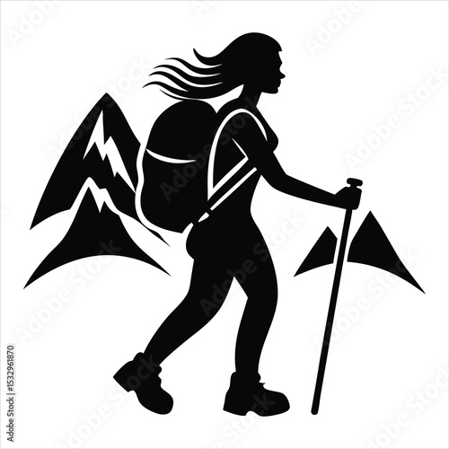 Mountain Hiking Silhouette of Man with Backpack –Adventure Trekking Vector, Wilderness Explorer Graphic, Outdoor Nature Travel Scene, Hiker Clipart 