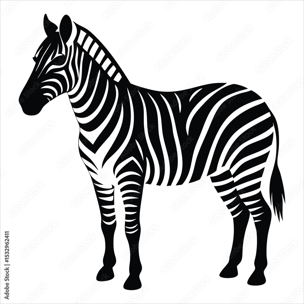 Fototapeta premium Zebra Silhouette Facing Left – Animal Vector Design, Wild Safari Animal, Jungle Artwork, Black and White Zebra Graphic, Wildlife Symbol, Nature Drawing, African Wild Animal Art