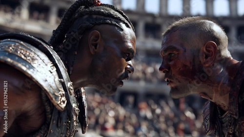 Fearless gladiator battles his opponent in ancient arena, surrounded by dust and roar of crowd. Strength of gladiator reflects courage, honor, and raw power in this epic fight