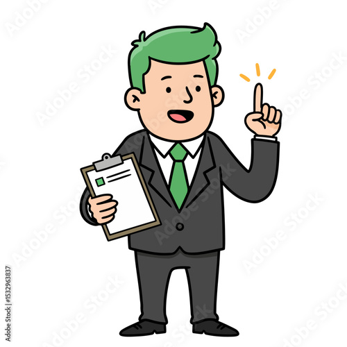 A cartoon man in a suit points up holding a clipboard with a checklist