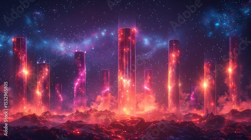 Glowing pillars representing company values illustrated in a vibrant, futuristic scene with a cosmic background and fiery landscape