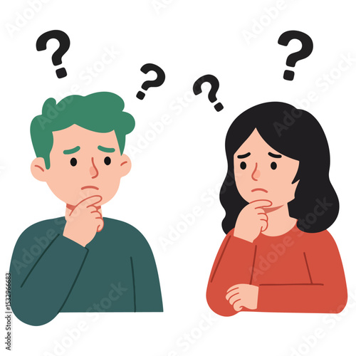 Cartoon of two people a male and a female both looking pensive with question marks floating above their heads