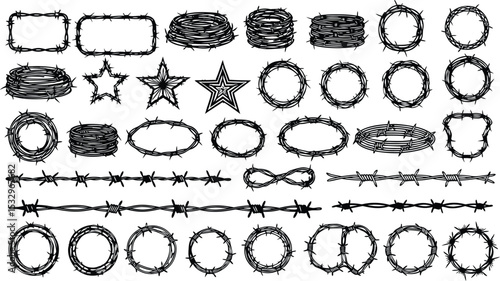 Barbed Wire Frames Circles Stars Coils Collection Black White