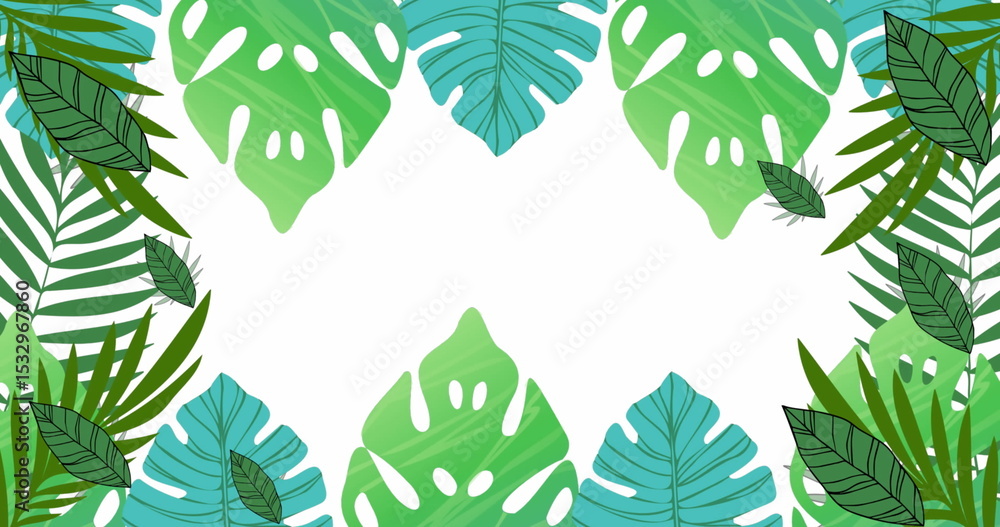 Fototapeta premium Framing tropical leafy border around white center, using layered monstera, palm fronds, fern leaves