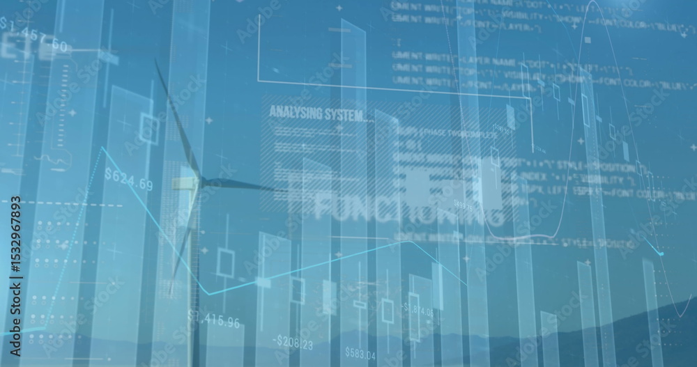 Displaying wind turbine integrating bar charts, line graphs and code snippets on rolling hills Displaying wind turbine integrating bar charts, line graphs and code snippets on rolling hills