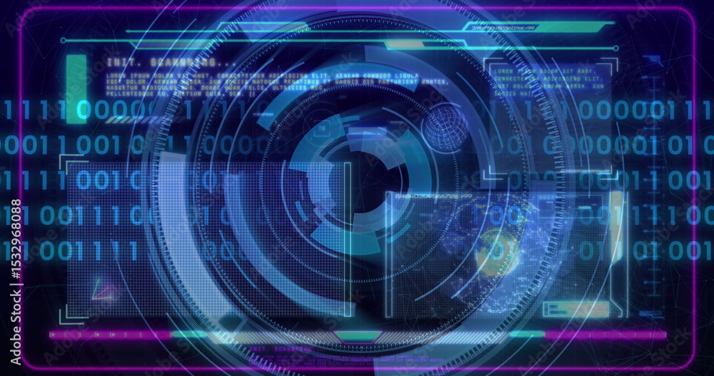 Obraz premium Scrolling concentric ring interface over futuristic panel, with binary digits and neon frame