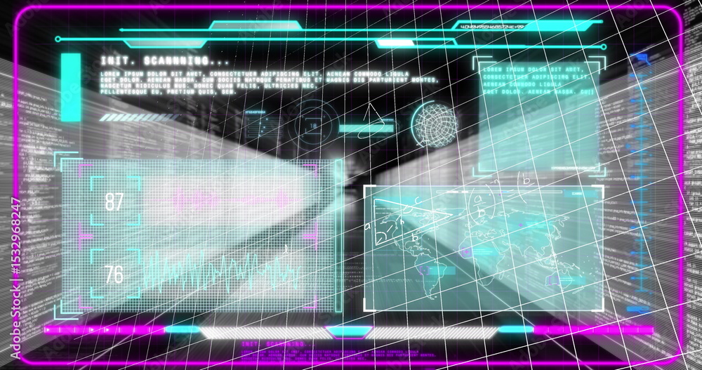Obraz premium Glowing holographic panel displaying data panels and wireframe sphere in AR environment