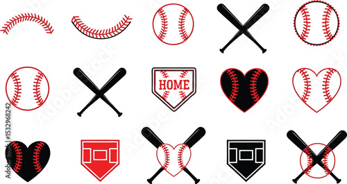 Baseball Icons Red White Black Graphics Set bats home plate
