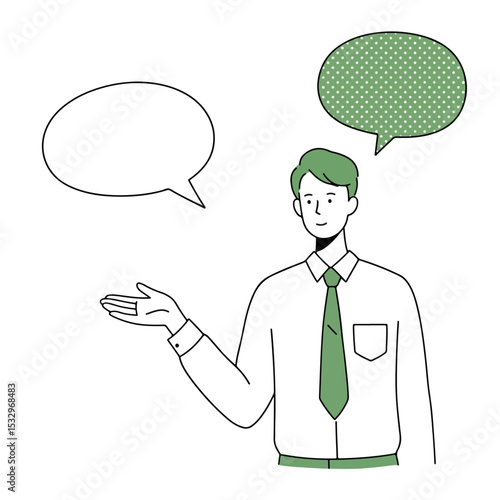 Man presents with speech bubbles wearing a shirt and tie