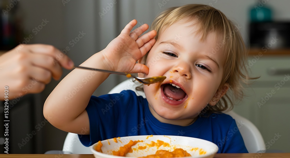 Toddler Enjoying Messy Pumpkin Puree Healthy Eating Habits Toddler Enjoying Messy Pumpkin Puree Healthy Eating Habits