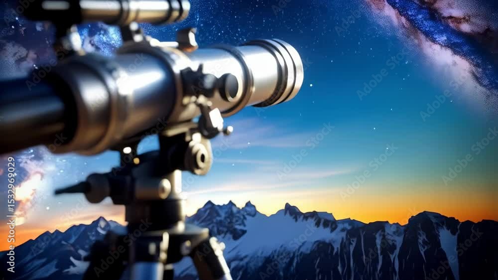 Telescope points towards night sky and stars atop a mountain overlooking valley with a beautiful sunset landscape, optical instrument for astronomy on tripod Telescope points towards night sky and stars atop a mountain overlooking valley with a beautiful sunset landscape, optical instrument for astronomy on tripod