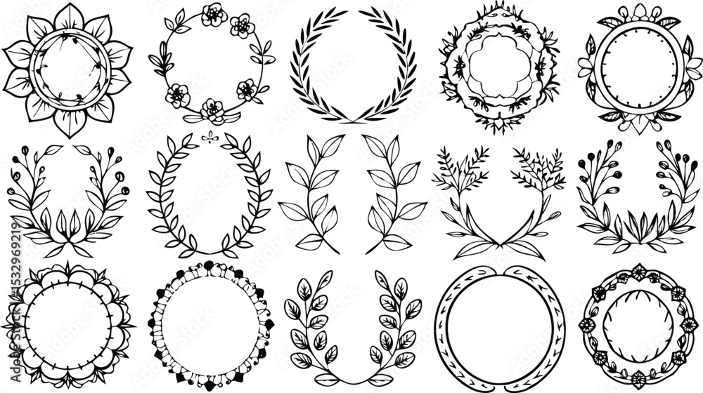 Fototapeta premium Black and White Floral Wreath Frames Botanical Elements Set 1