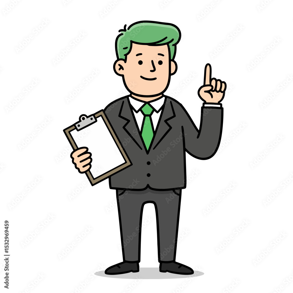 Cartoon businessman holding clipboard pointing a finger up wearing a suit tie and green hair Cartoon businessman holding clipboard pointing a finger up wearing a suit tie and green hair