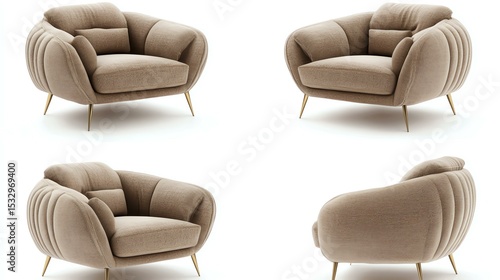A contemporary beige armchair set on a white background, showcasing its elegant design and plush upholstery, perfect for adding a touch of comfort to modern living spaces.