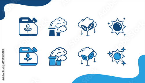 Renewable energy icon set with Biodiesel, Air Pollution, Zero Emission, Sunlight.