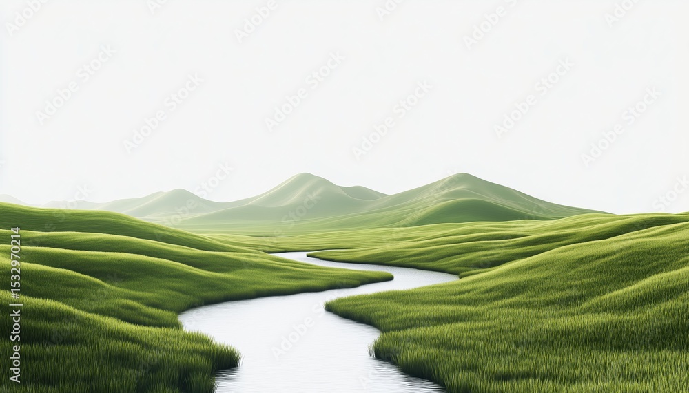 Obraz premium Vibrant Depiction Of A Mountainous Landscape With A River Flowing Through Lush Green Fields. Stunning Realistic Image.