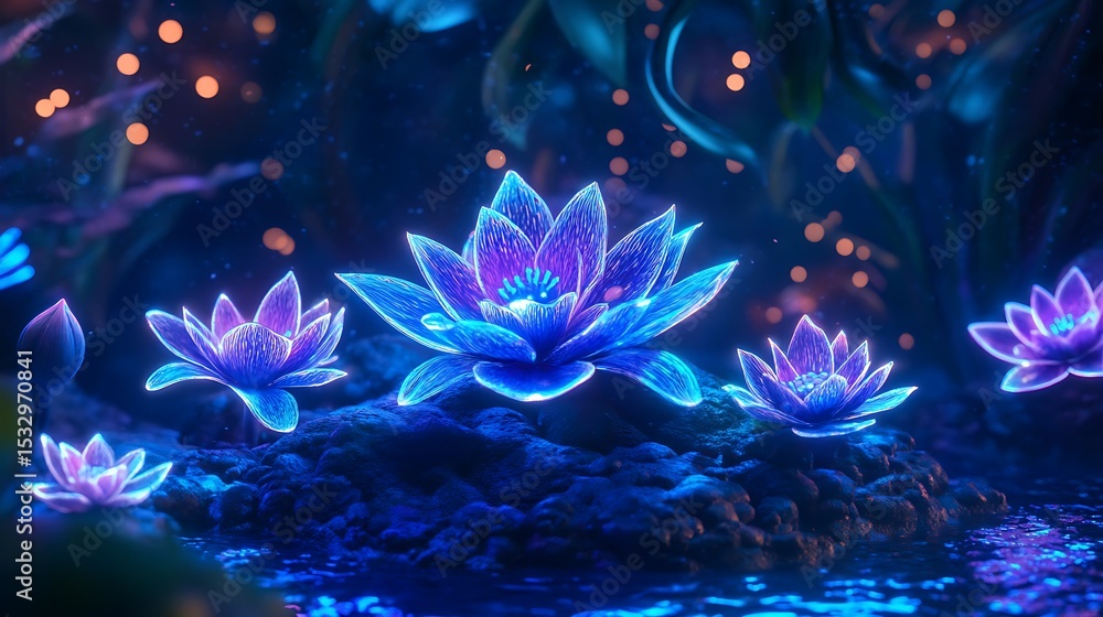 Glowing lotus blossoms in a mystical forest. Glowing lotus blossoms in a mystical forest.