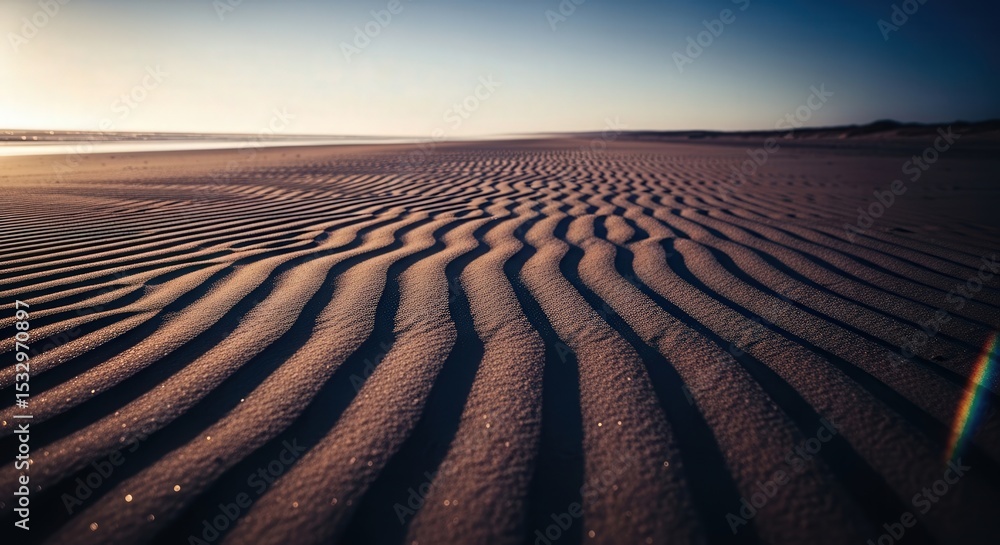 Naklejka premium Rippling Sand Dunes with Warm Light and Clear Blue Sky at Desert Landscape