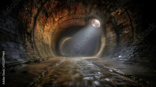 The interior of a large city sewer carrying wastewater, built long ago with manholes at the top.