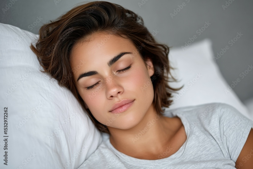 Peaceful young caucasian female sleeping on white pillow with short brown hair Peaceful young caucasian female sleeping on white pillow with short brown hair