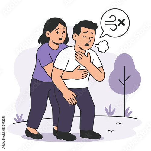 Flat-style emergency illustration of woman performing Heimlich maneuver to save choking man in outdoor setting