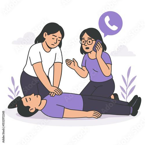 Flat-style emergency teamwork illustration of two women giving CPR and making emergency call to save unconscious man