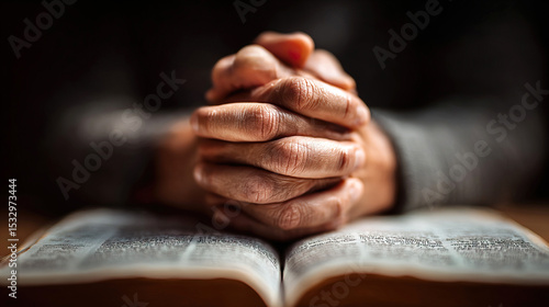 Close-up of hands folded in prayer over an open Bible Book on the floor