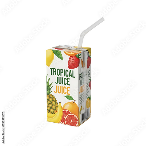  Tropical Juice Box with Straw and Fruit Illustration