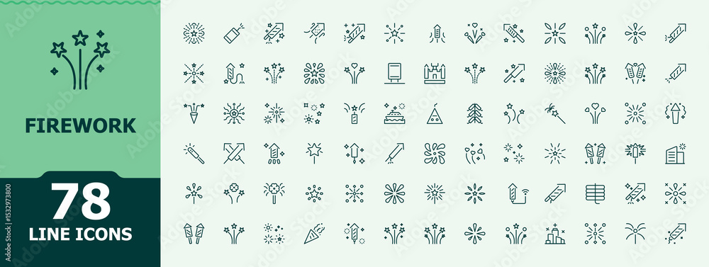 Firework simple icon set. Contains outline symbols like decor, light, holiday, anniversary, event and more. Celebrate icon set. Minimal icons pack. Editable vector art and illustration.