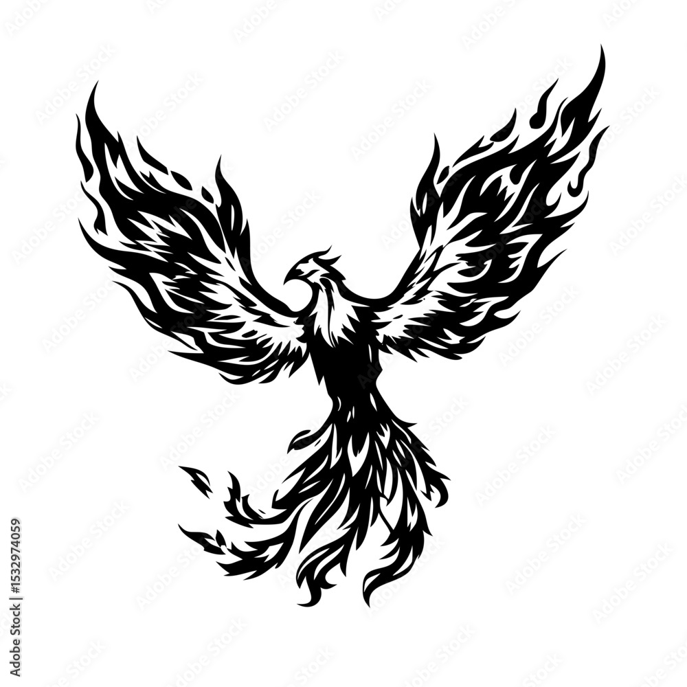 Obraz premium Hand-drawn phoenix in flight with retro flame detail and stipple grain texture