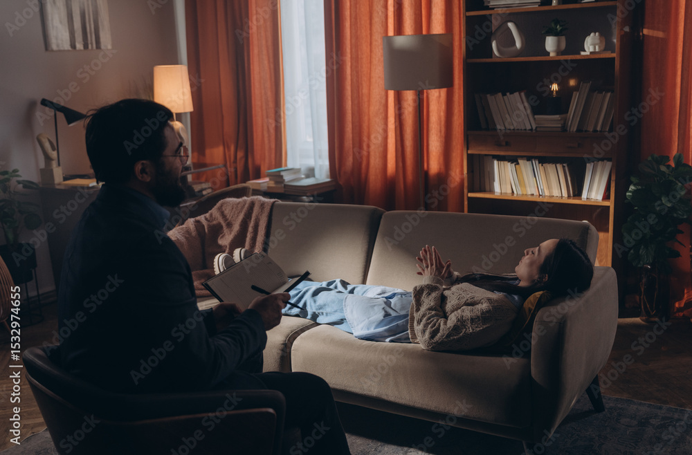Bearded man therapist with notebook and pen in hands consults female patient Bearded man therapist with notebook and pen in hands consults female patient